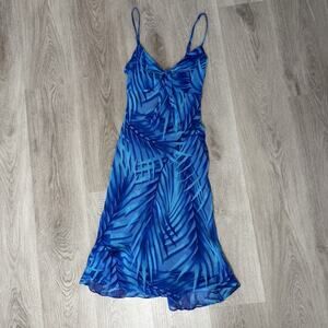 Betsey Johnson Size 2 Blue Silk Dress Midi Floral Beachy 90s Y2K VTG
